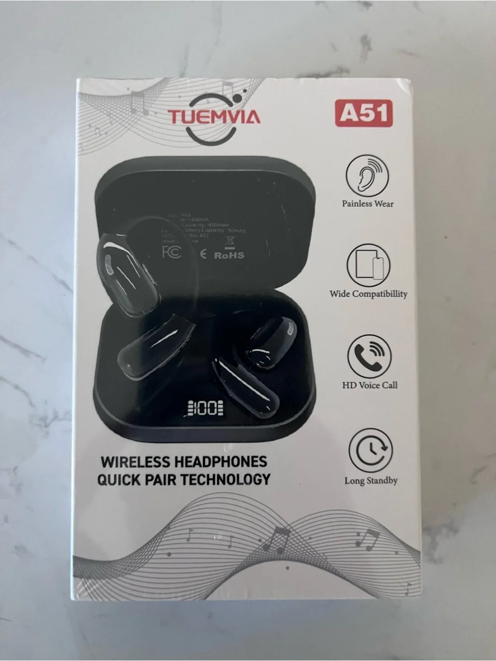 Tuemvia A51 Wireless Earbuds in Black - Quick Pair Bluetooth Headphones